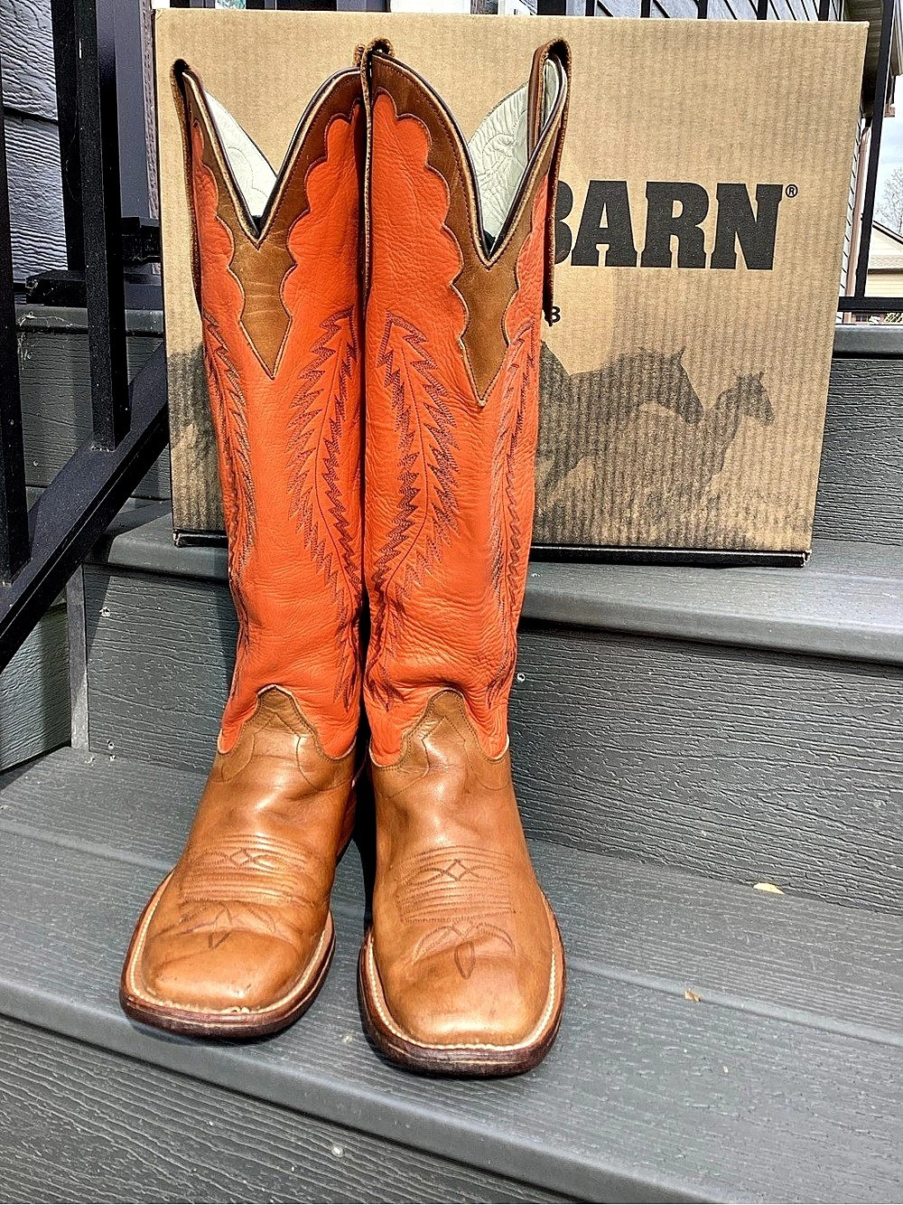 Olathe 10D Custom Brown Square Toe Buckeroo Boots with 17” Pumpkin Leather Upper